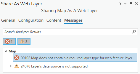 The error message returned in the Sharing Map As A Web Layer pane on the Messages tab.