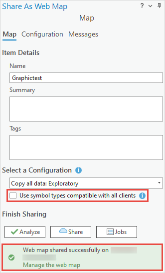 The Share As Web Map tool pane to be configured.