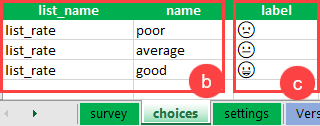 A list_rate choices list labeled with emojis in the choices worksheet of the XLSForm.