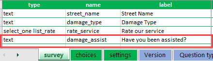 A text question type added in the survey worksheet of the XLSForm.