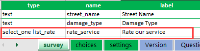 A select_one question type added in the survey worksheet of the XLSForm.