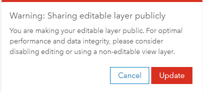 The warning message Sharing editable layer publicly is returned.