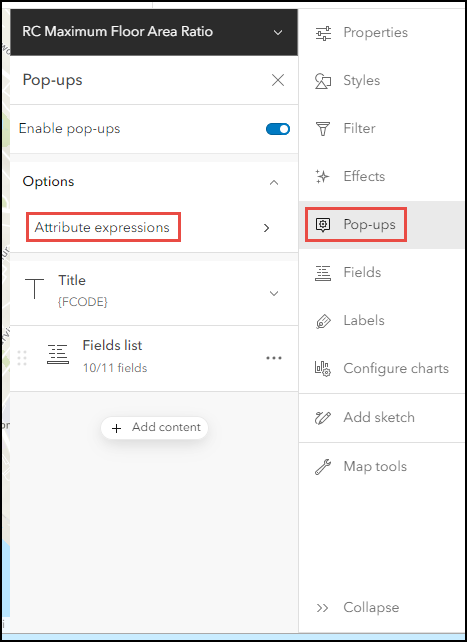 The Map Viewer Settings (light) toolbar and the Pop-ups pane