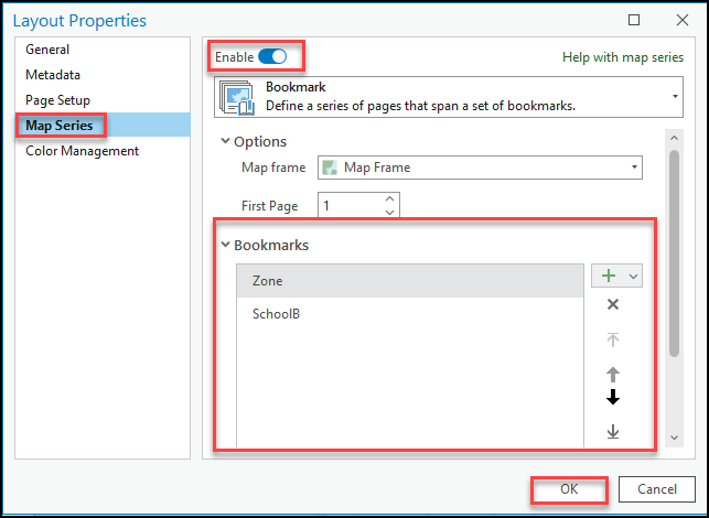 The Map Series configuration page in the Layout Properties window.