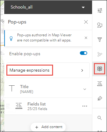 The Map Viewer Settings (light) toolbar and the Pop-ups pane