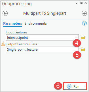 The Multipart To Singlepart parameters configured in the Geoprocessing pane.