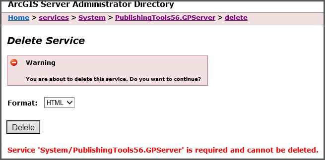 Error message when attempting to delete an ArcGIS Server service