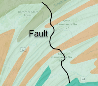 The solid line symbol representing the fault on the map.