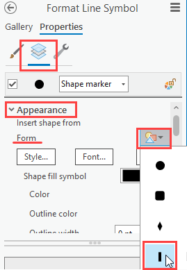 The vertical symbol option for Form, under the Appearance node, in the Format Line Symbol pane.