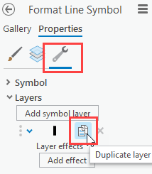 The Duplicate layer button, under the Layers node in the Format Line Symbol pane.