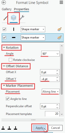 The Rotation, Offset Distance, and Marker Placement parameters and the Apply button in the Format Line Symbol pane.