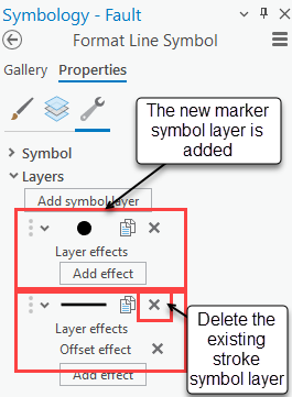 The marker and stroke symbol layers in the Format Line Symbol pane.