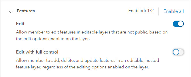 The Edit and Edit with full control toggle under Features.