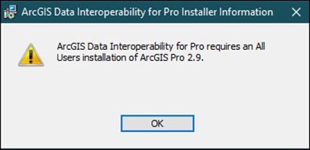 The error message is returned when attempting to install the ArcGIS Data Interoperability extension.