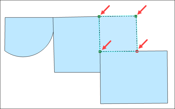 Four polygon features and the corner vertices of one polygon on the map.
