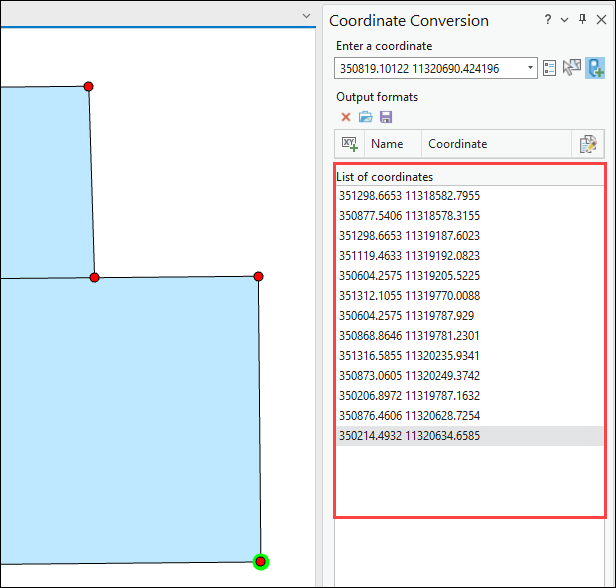 The Coordinate Conversion pane and the List of coordinates section