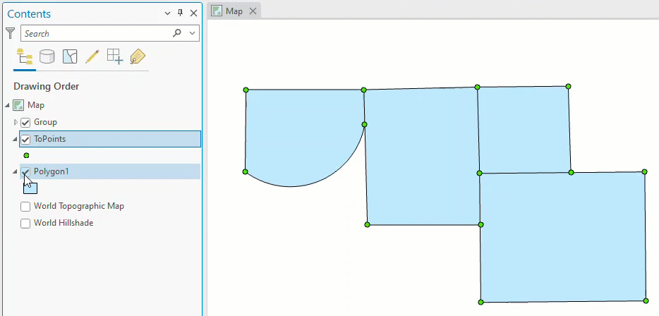 The Contents pane and the point feature layer generated from the Feature Vertices To Point tool.