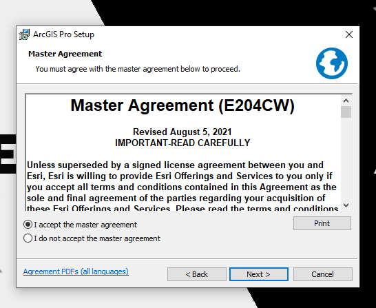 The ArcGIS Pro Setup Master Agreement window