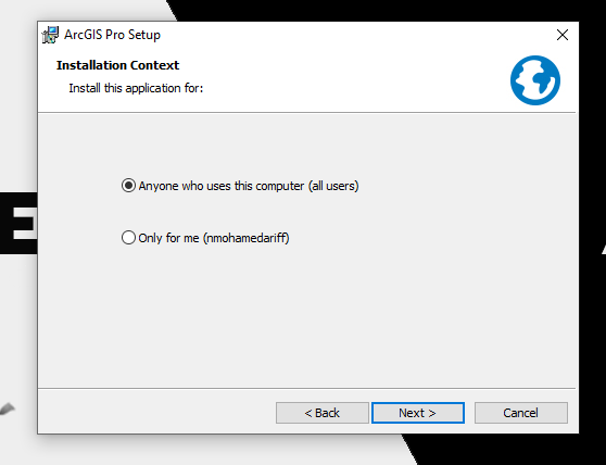 The ArcGIS Pro Setup installation context window