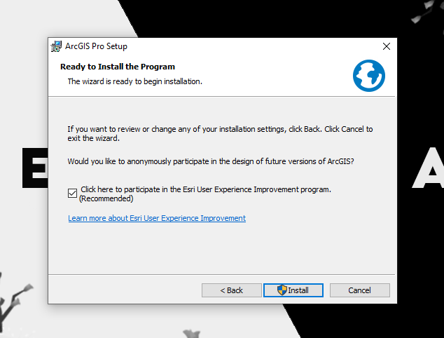 The ArcGIS Pro Setup Esri End User Participations window