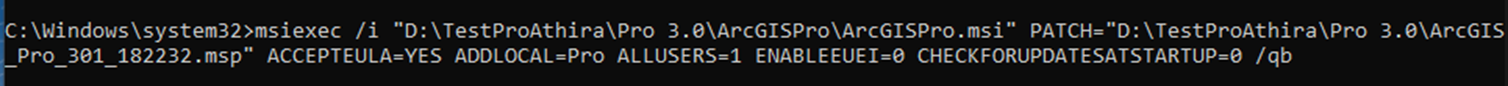 The full command for installing ArcGIS Pro and patch
