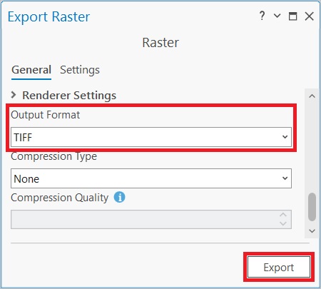 Export Raster pane with parameters populated