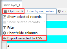 The Options drop-down menu of the attribute table in ArcGIS Web AppBuilder.