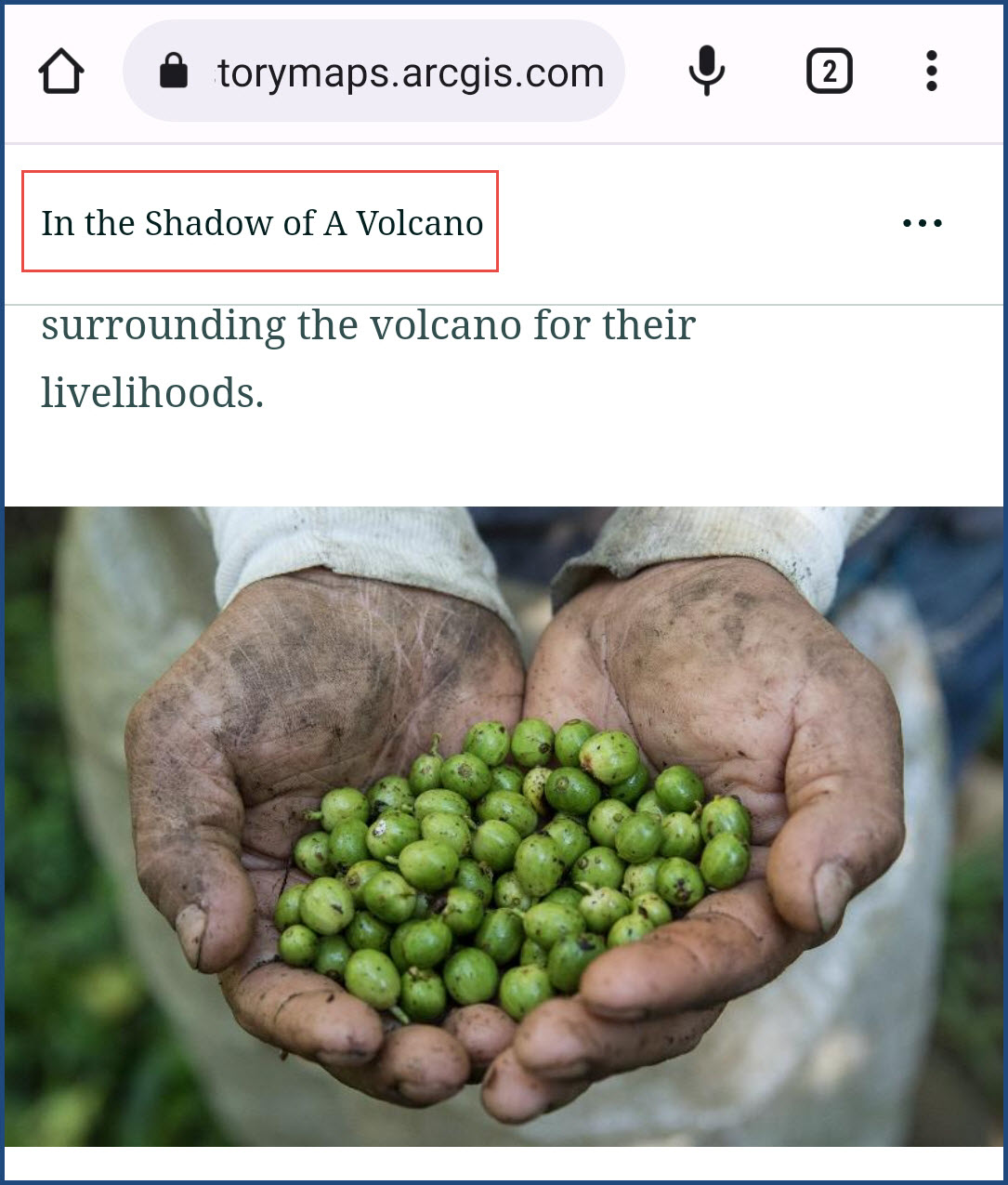 The header of the 'In The shadow of A Volcano' story