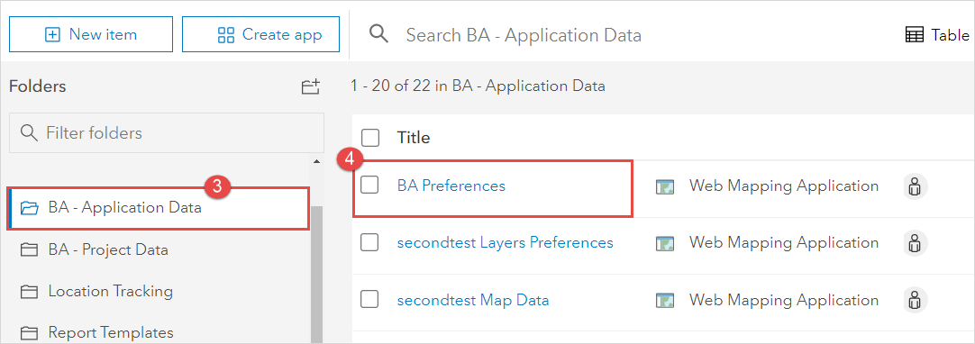 The BA Preferences file on the item details page in ArcGIS Online.