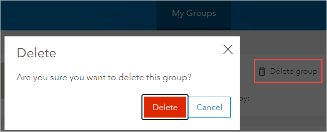 The 'Delete group' option in the Groups page in ArcGIS Online.