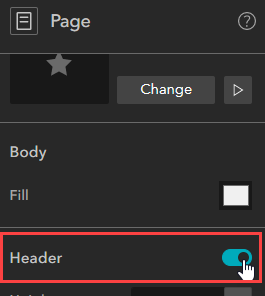 The Header option in the Page panel.