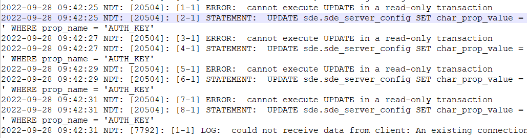 The error messages in the ArcGIS Data Store logs
