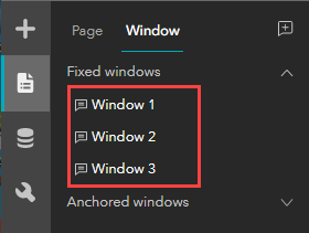 The list of windows on the Window tab in the Page panel.