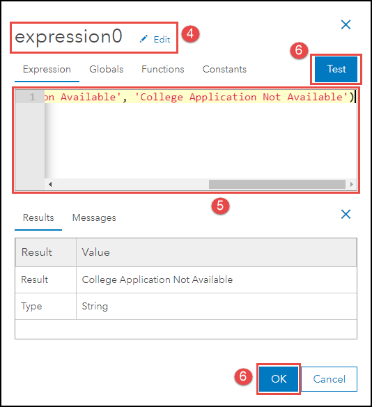 Specifying the Arcade expression in the Map Viewer Arcade expression editor window