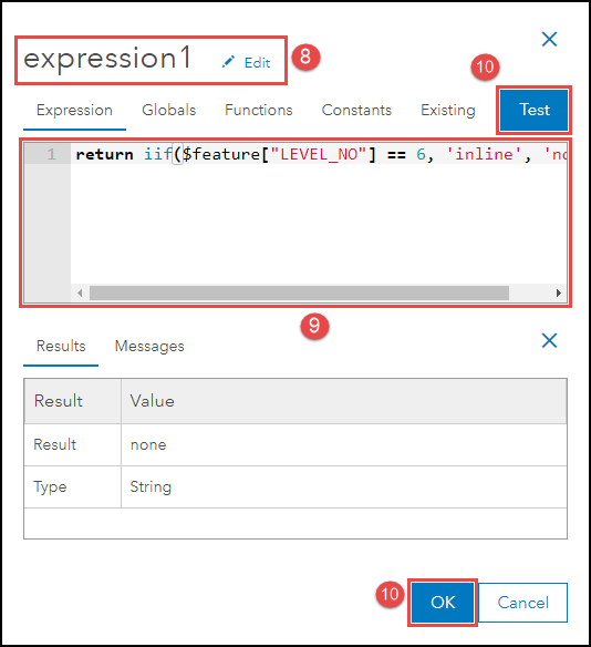 Specifying the Arcade expression in the Map Viewer Arcade expression editor window