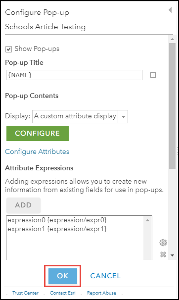 The Configure Pop-up pane in Map Viewer Classic