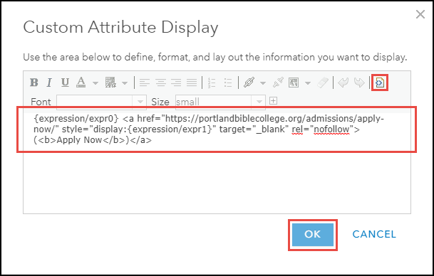 Specifying the HTML script in the Custom Attribute Display dialog box