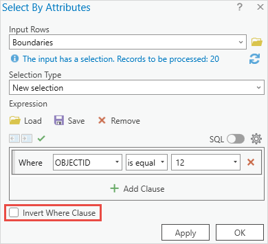 The Select Layer By Attribute tool window to be configured.