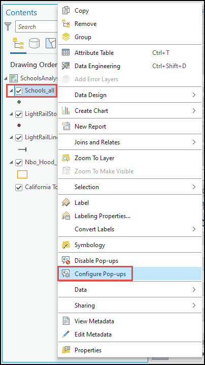 Opening the Configure Pop-ups tool of the feature class from the Contents pane