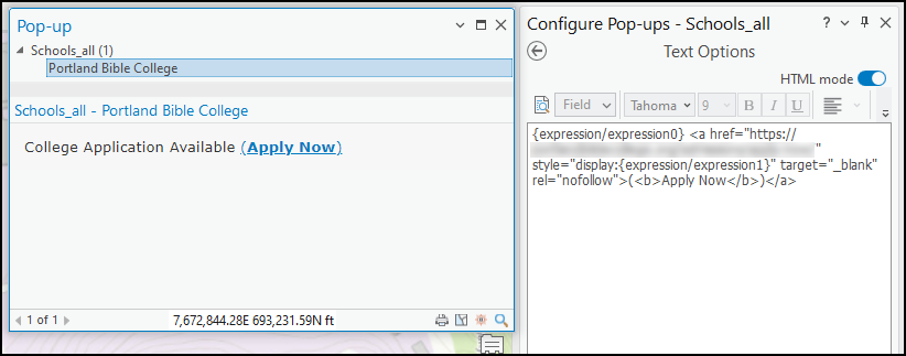 The configured pop-up window displaying the hyperlink and the Configure Pop-ups pane