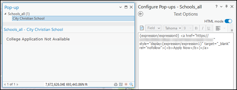 The configured pop-up window with the hidden hyperlink and the Configure Pop-ups pane