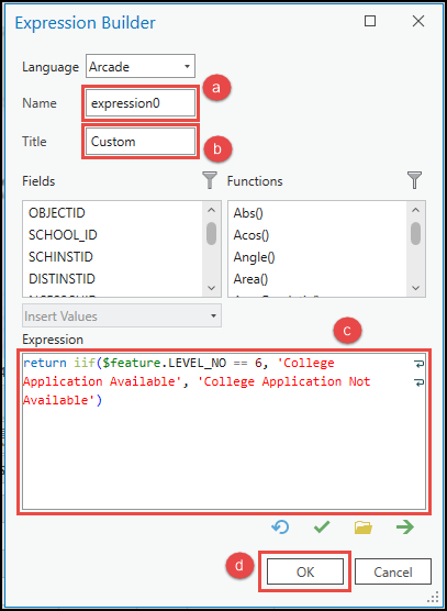 The Expression Builder dialog box with an example of the Arcade expression