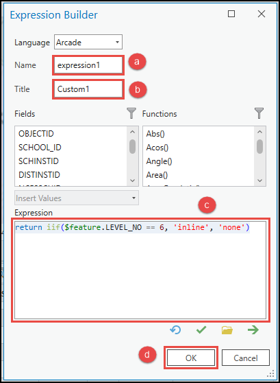 The Expression Builder dialog box with an example of the Arcade expression