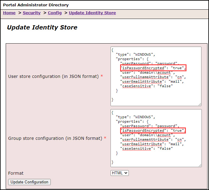 The isPasswordEncrypted property on the Update Identity Store page