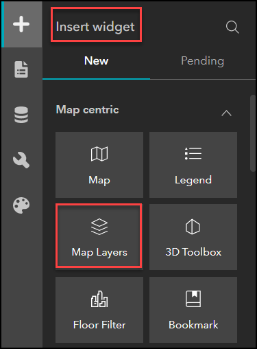 The 'Insert widget' pane with the 'Map Layers' widget being selected in ArcGIS Experience Builder.