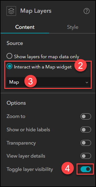 The 'Interact with a Map widget' and 'Toggle layer visibility' options are being selected and enabled in the Map Layers pane.