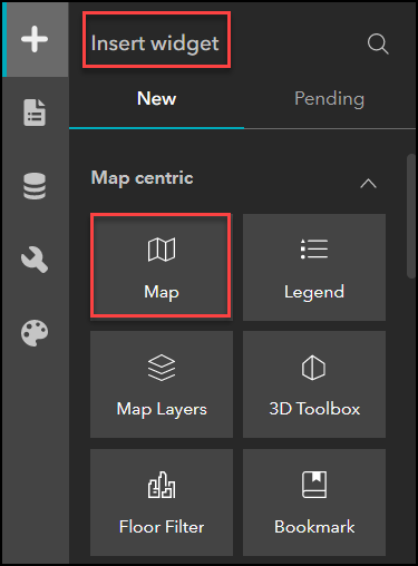 The 'Insert widget' pane with the Map widget being selected.