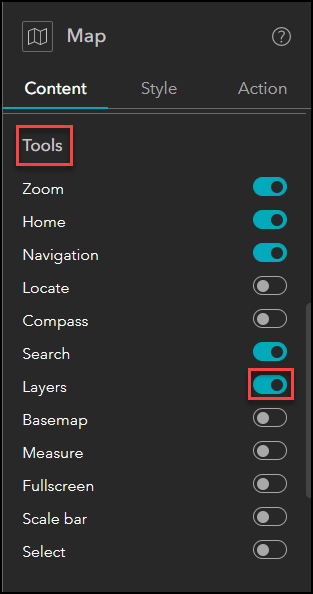 The Layers option being toggled on under the Tools section in the Map pane.