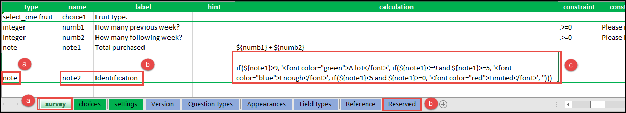 The XLSForm with one note question type created and the specified calculation formula