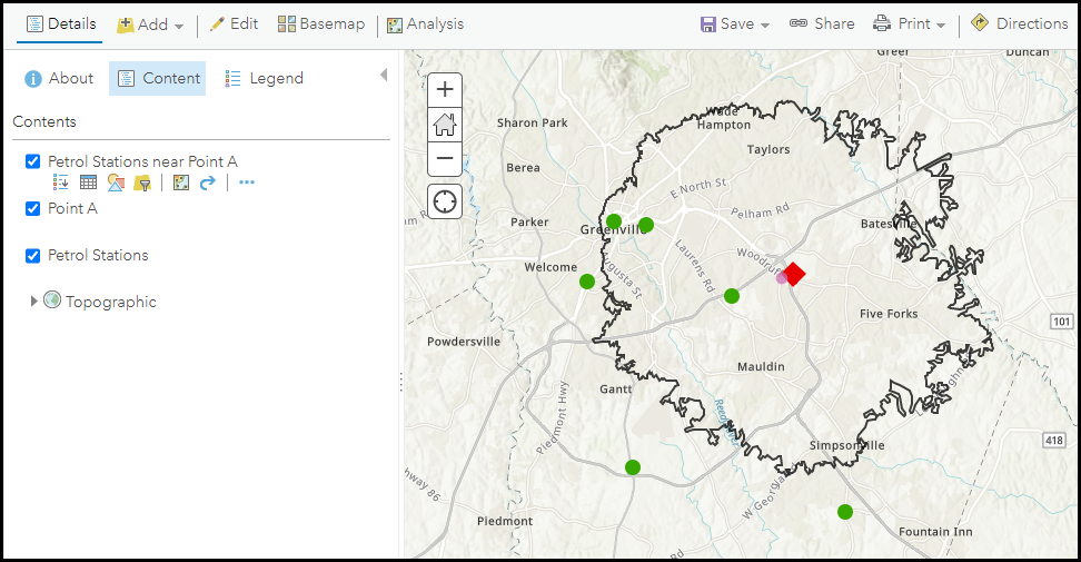 Features within the 8 miles driving distance range of point A using the Summarize Nearby tool